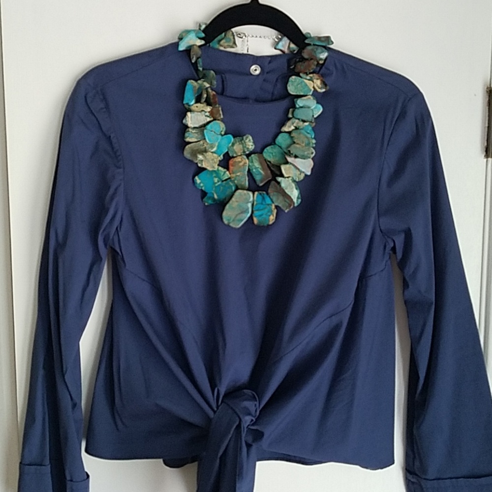 ZARA Navy Tie Front Poplin Blouse XS
